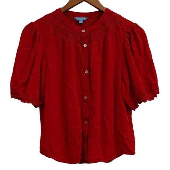 Draper James Women’s Red Loose Relax Short Sleeve Ruffle Cinch Button Up Top Med - Picture 1 of 4